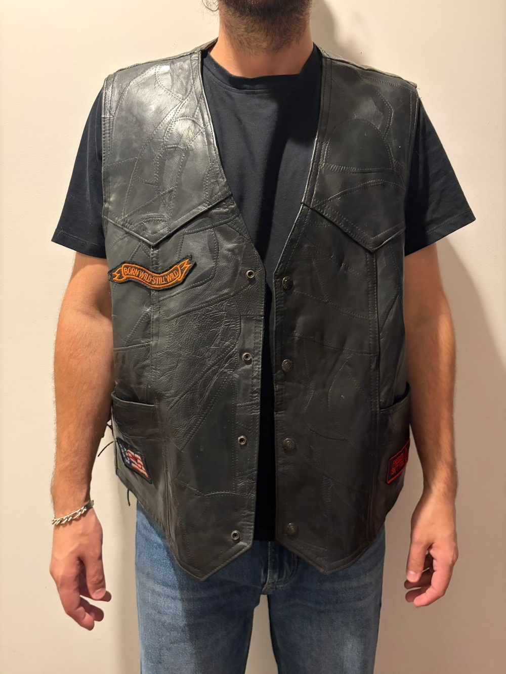 Men's Black Leather Biker Vest with Patch Accents